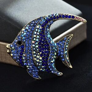 Multicolor Blues Rhinestones Fish Brooch